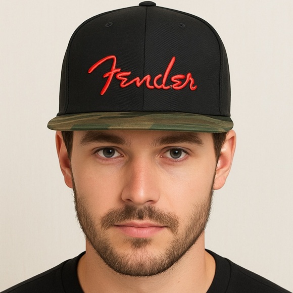NWT Fender Black Hat Red Logo Camouflage Brim Flatbill SnapBack Hat, One Size - Picture 1 of 5